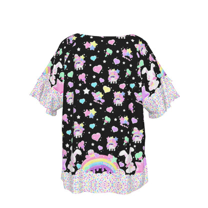 Rainbow Sweets Round Neck Raglan Sleeve Ruffle Frill T-Shirt (Black)