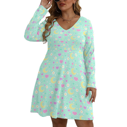 Magical Spring Mint Women's V-Neck Long Sleeve Dress (Plus Size)