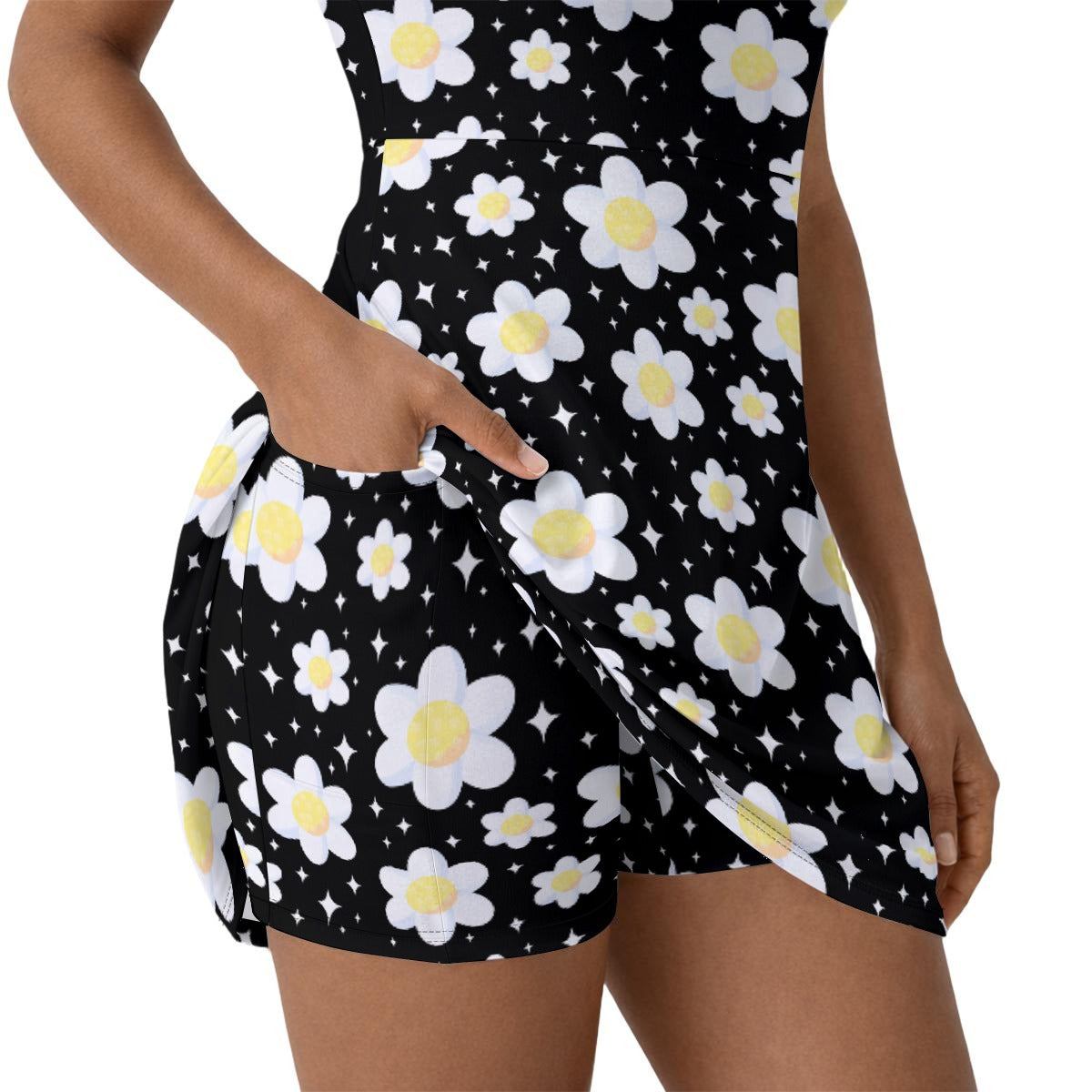 Daisy Dreams Sporty Women’s Square Neck Cap Sleeve Athletic Exercise Mini Dress With Shorts (Midnight Black)
