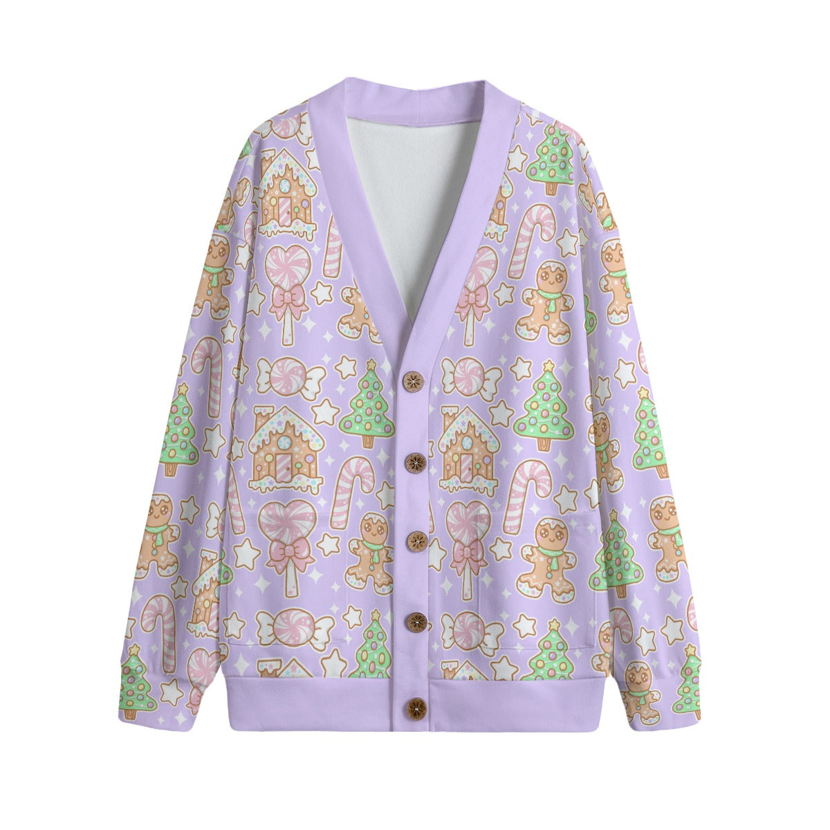 Kawaii Christmas Unisex V-Neck Knitted Fleece Button Up Cardigan With Pockets (Sugar Plum)