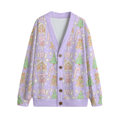 Kawaii Christmas Unisex V-Neck Knitted Fleece Button Up Cardigan With Pockets (Sugar Plum)