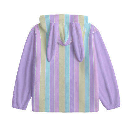 Pastel Stripes Purple Soft Plush Fleece Bunny Ear Zip Up Hoodie With Pockets