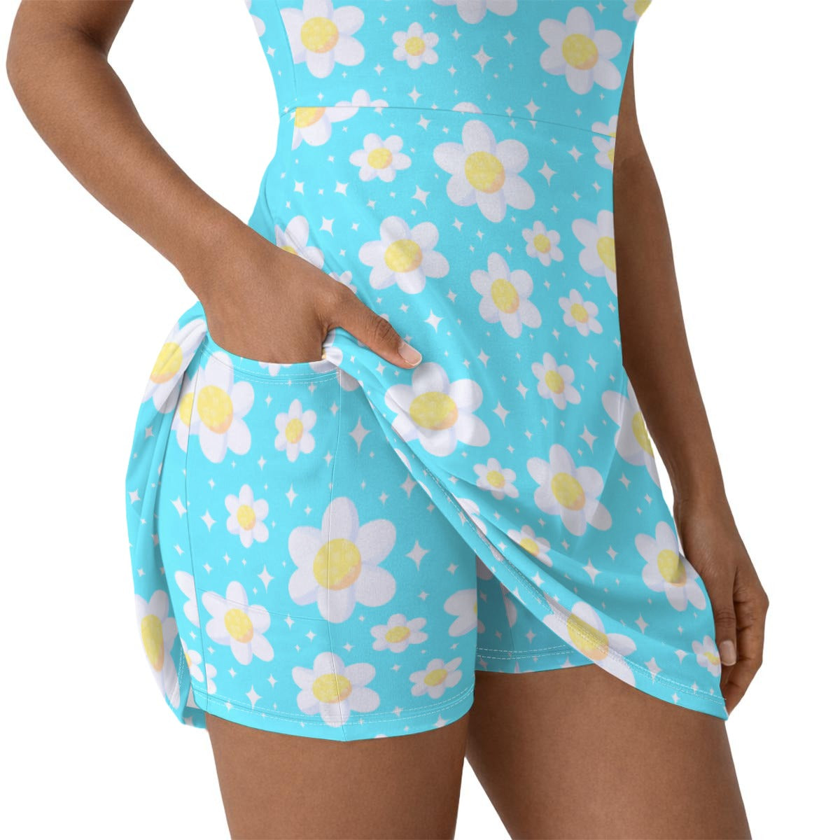 Daisy Dreams Sporty Women’s Square Neck Cap Sleeve Athletic Exercise Mini Dress With Shorts (Aqua Blue)