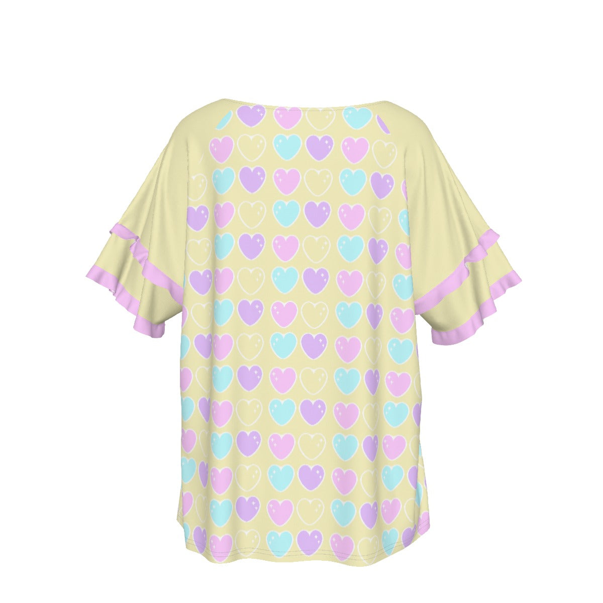 Sweet Love Hearts Yellow Round Neck Raglan Sleeve Ruffle Frill T-Shirt