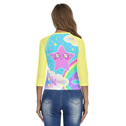 Rainbow Decora Star Women's Raglan 3/4 Sleeve T-shirt (Yellow)