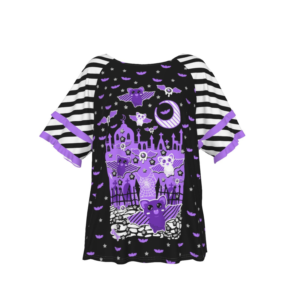Spooky Bats Creepy Night Round Neck Raglan Sleeve Ruffle Frill T-Shirt
