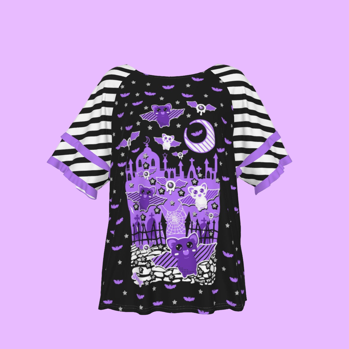 Spooky Bats Creepy Night Round Neck Raglan Sleeve Ruffle Frill T-Shirt