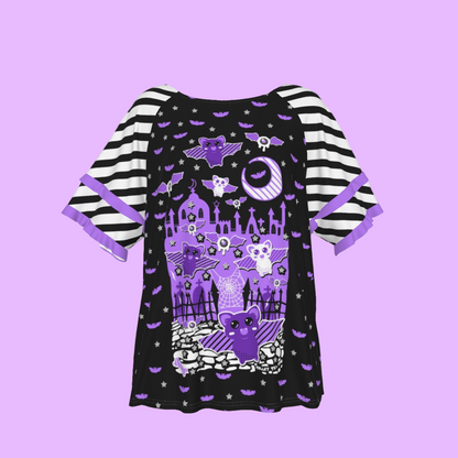 Spooky Bats Creepy Night Round Neck Raglan Sleeve Ruffle Frill T-Shirt