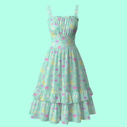 Magical Spring Mint Sleeveless Square Neck Ruffle Hem Midi Dress