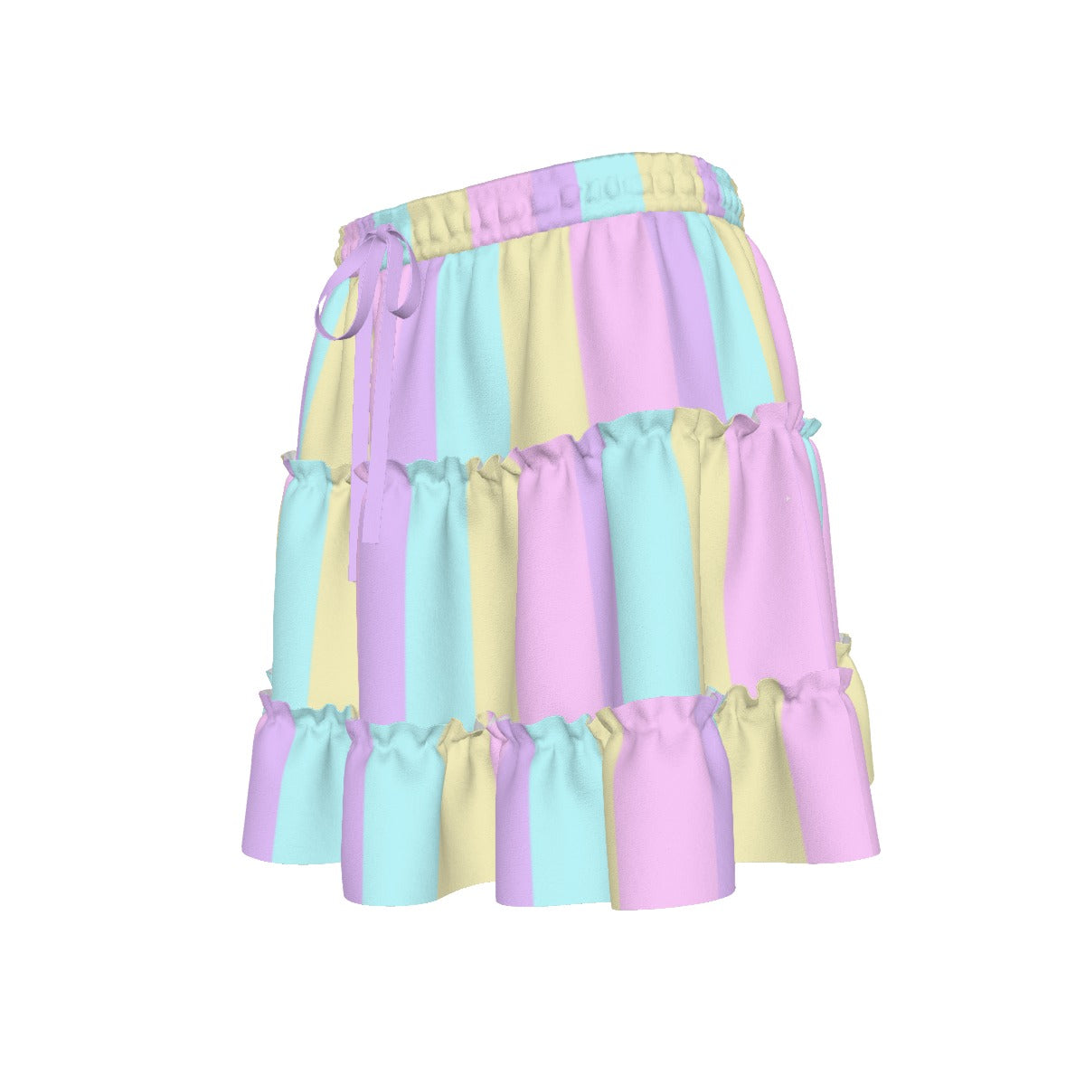 Pastel Stripes Waist Tie Tiered Ruffle Mini Skirt (Color Block)