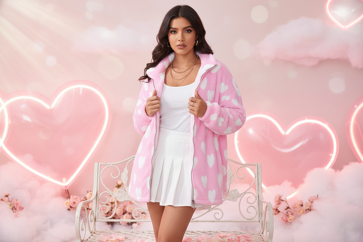 Sweet Love Hearts Oversized Fuzzy Fleece Coat With Zipper (White x Pink)