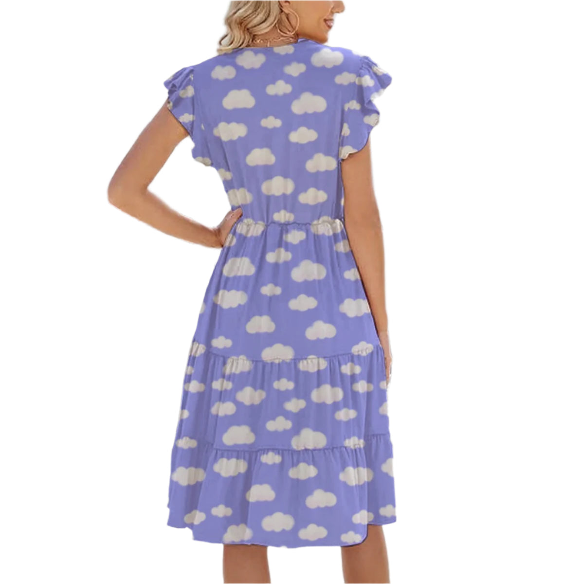 Dreamy Clouds Periwinkle Cap Sleeve V-Neck Tiered Hem Midi Dress With Pockets