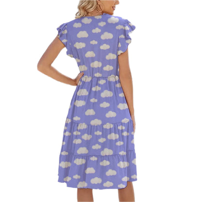 Dreamy Clouds Periwinkle Cap Sleeve V-Neck Tiered Hem Midi Dress With Pockets
