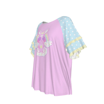 Wishing Bunny Pink Round Neck Raglan Sleeve Ruffle Frill T-Shirt