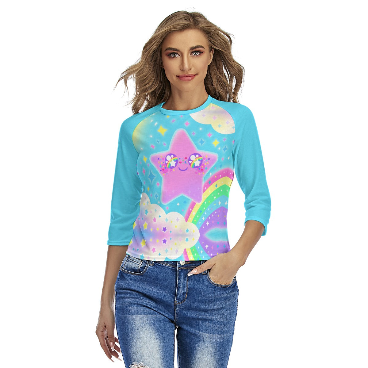 Rainbow Decora Star Women's Raglan 3/4 Sleeve T-shirt (Blue)