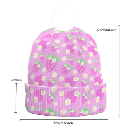 Strawberry Cutie Knitted Beanie Hat With Pom-Pom (Fruity Berry Pink)