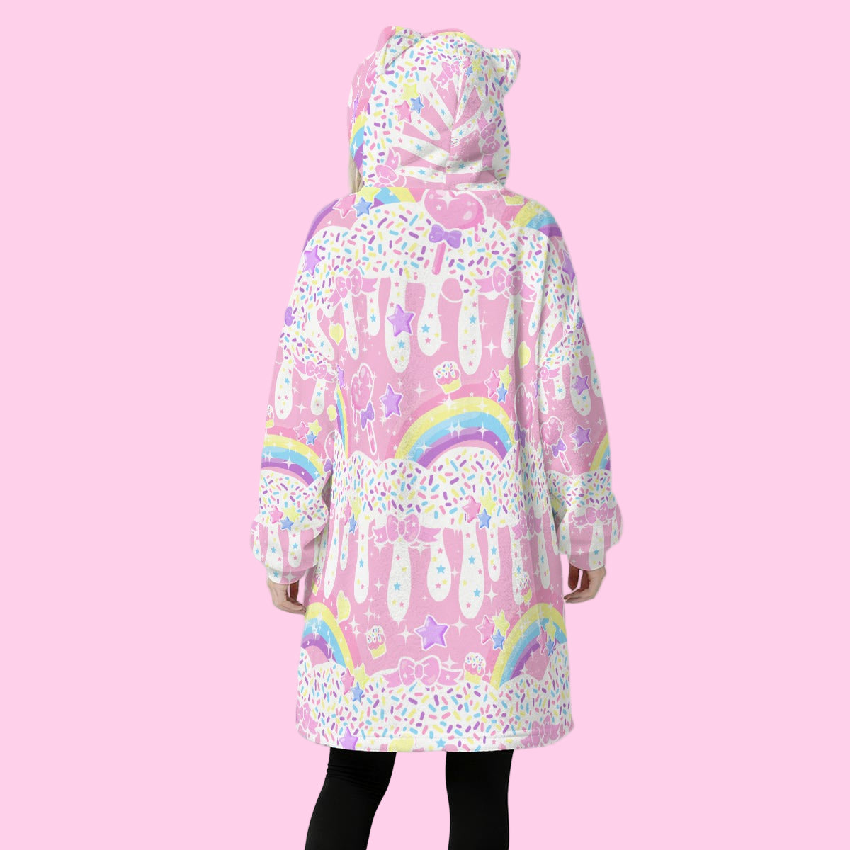 Rainbow Sweets Pink Cozy Oversized Fleece Blanket Hoodie With Cute Ears