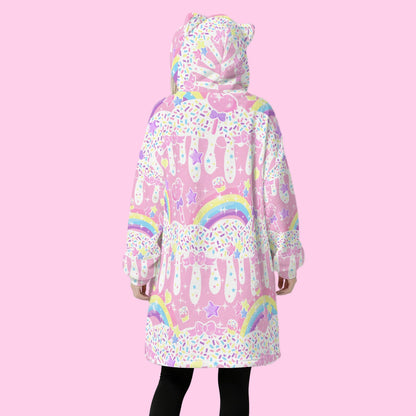 Rainbow Sweets Pink Cozy Oversized Fleece Blanket Hoodie With Cute Ears