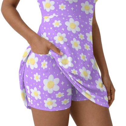 Daisy Dreams Sporty Women’s Square Neck Cap Sleeve Athletic Exercise Mini Dress With Shorts (Lavender Purple)