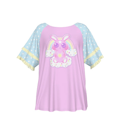 Wishing Bunny Pink Round Neck Raglan Sleeve Ruffle Frill T-Shirt