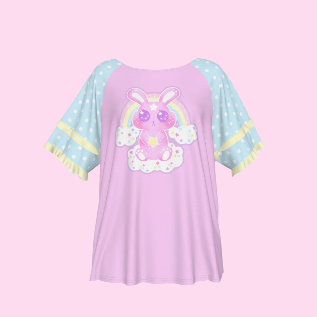 Wishing Bunny Pink Round Neck Raglan Sleeve Ruffle Frill T-Shirt