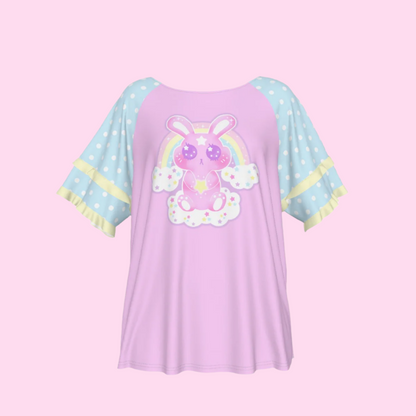 Wishing Bunny Pink Round Neck Raglan Sleeve Ruffle Frill T-Shirt