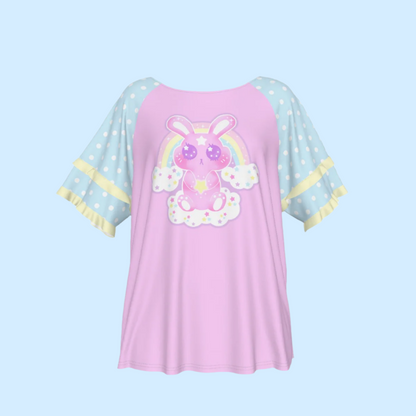 Wishing Bunny Pink Round Neck Raglan Sleeve Ruffle Frill T-Shirt