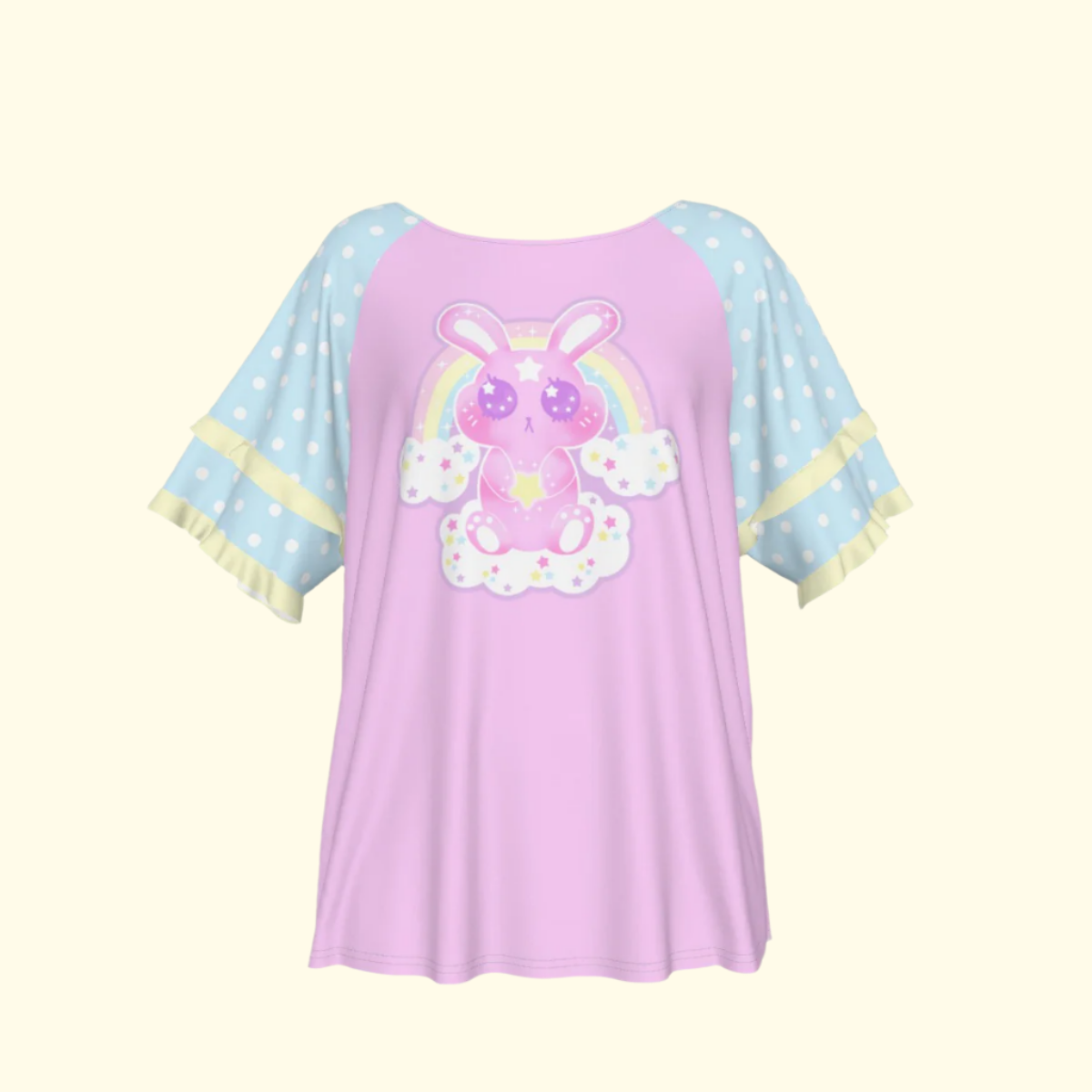 Wishing Bunny Pink Round Neck Raglan Sleeve Ruffle Frill T-Shirt
