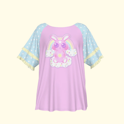 Wishing Bunny Pink Round Neck Raglan Sleeve Ruffle Frill T-Shirt