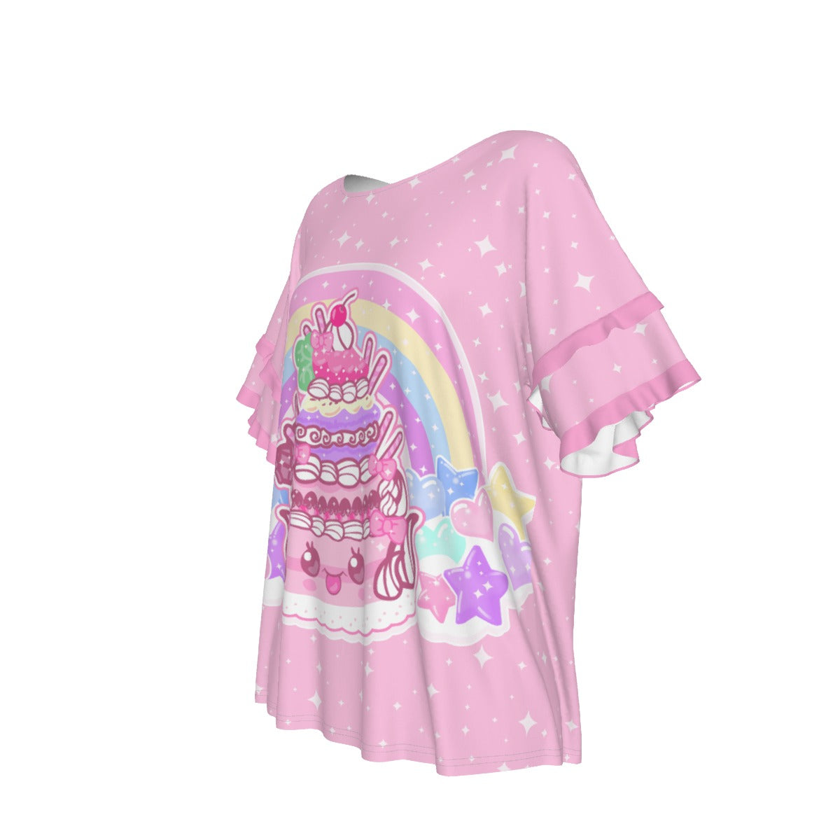 Kawaii Sparkle Cake Round Neck Raglan Sleeve Ruffle Frill T-Shirt