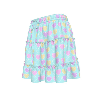 Sweet Love Hearts Blue Waist Tie Tiered Ruffle Mini Skirt