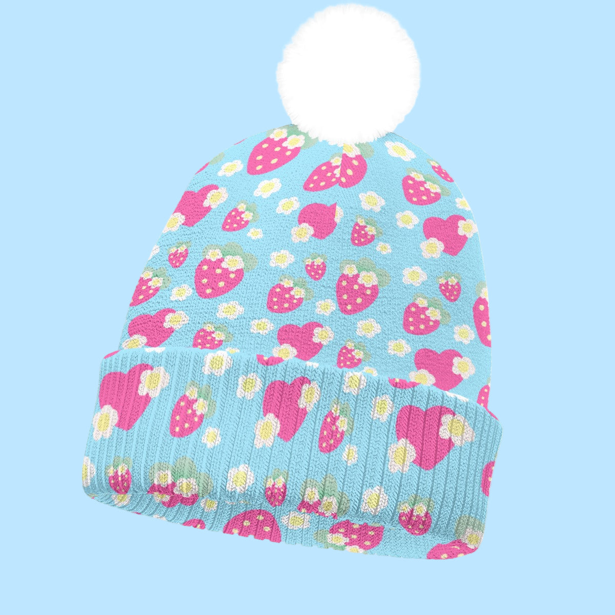 Strawberry Cutie Knitted Beanie Hat With Pom-Pom (Fruity Berry Blue)
