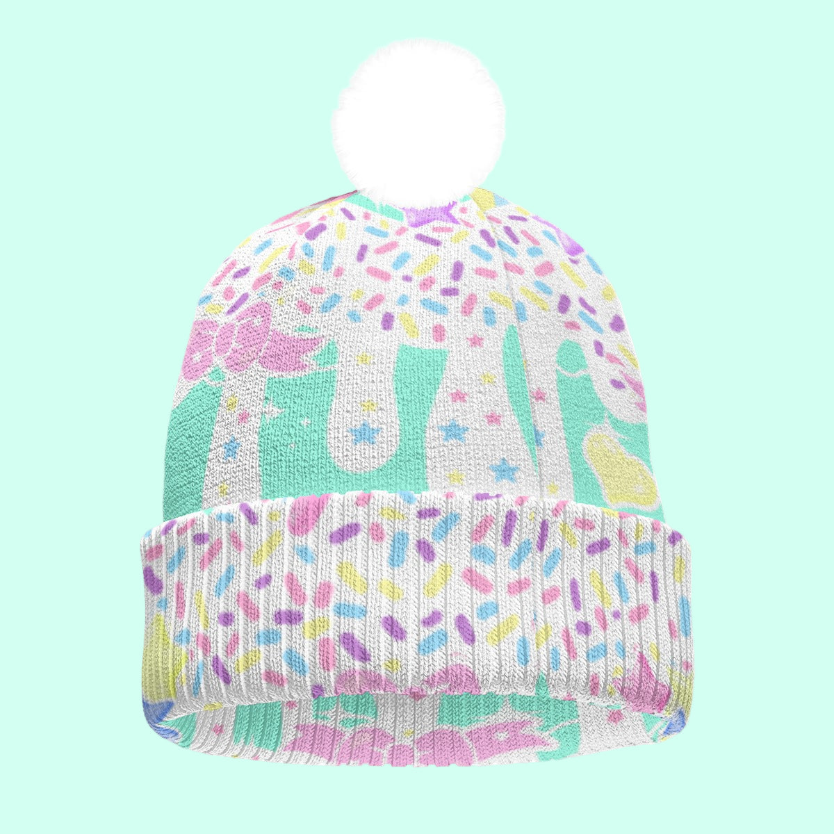 Rainbow Sweets Mint Knitted Beanie Hat With Pom-Pom