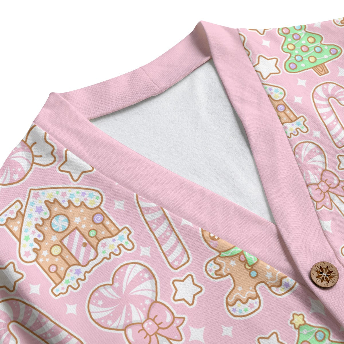 Kawaii Christmas Unisex V-Neck Knitted Fleece Button Up Cardigan With Pockets (Strawberry Cream)