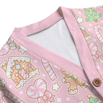 Kawaii Christmas Unisex V-Neck Knitted Fleece Button Up Cardigan With Pockets (Strawberry Cream)