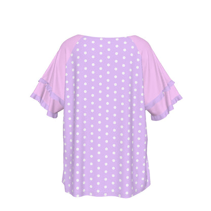 Sweet Love Hearts Purple Round Neck Raglan Sleeve Ruffle Frill T-Shirt (Polka Dots)