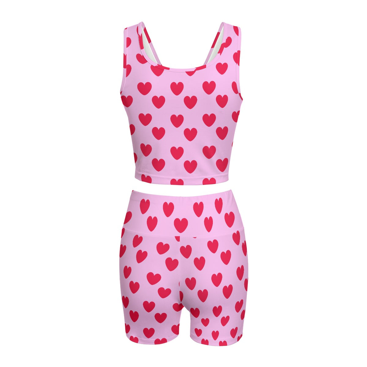 Sweet Love Hearts Women's Crop Top & Yoga Shorts Set (Red x Pink)