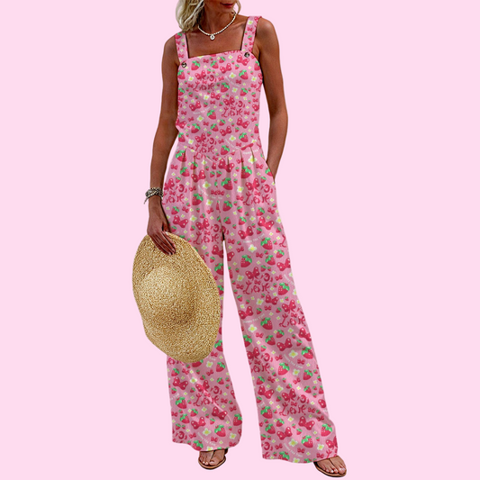 Strawberry Ribbon Women's Wide Leg Jumpsuit Overalls