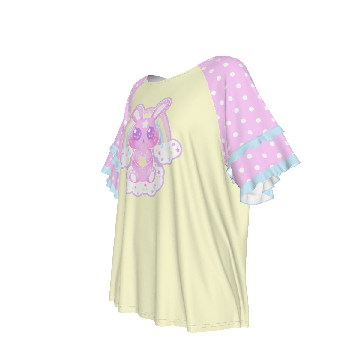 Wishing Bunny Yellow Round Neck Raglan Sleeve Ruffle Frill T-Shirt