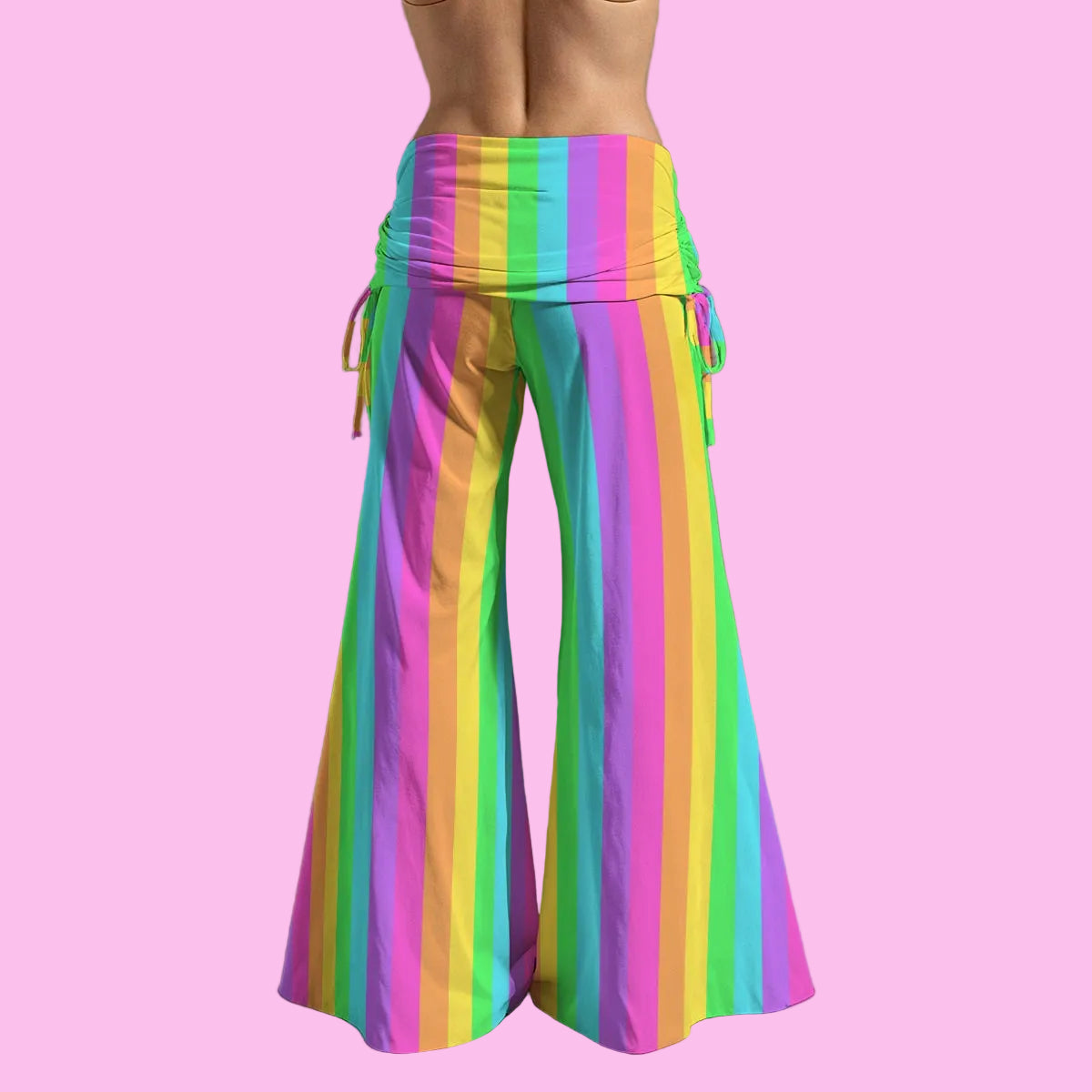 Rainbow Wonderland Women's High Waist Wide Leg Boho Palazzo Pants (Color Block Stripes)