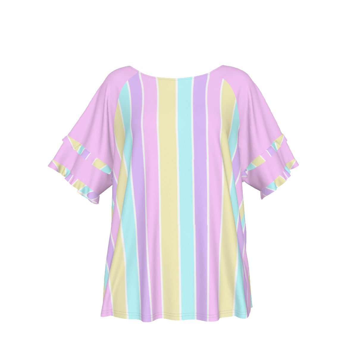 Pastel Stripes Pink Round Neck Raglan Sleeve Ruffle Frill T-Shirt