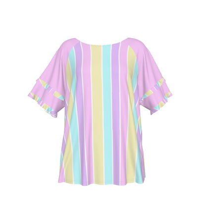 Pastel Stripes Pink Round Neck Raglan Sleeve Ruffle Frill T-Shirt