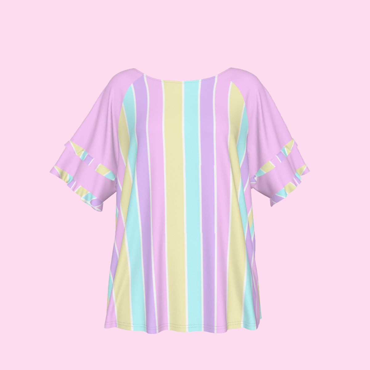 Pastel Stripes Pink Round Neck Raglan Sleeve Ruffle Frill T-Shirt