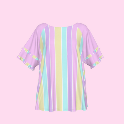 Pastel Stripes Pink Round Neck Raglan Sleeve Ruffle Frill T-Shirt