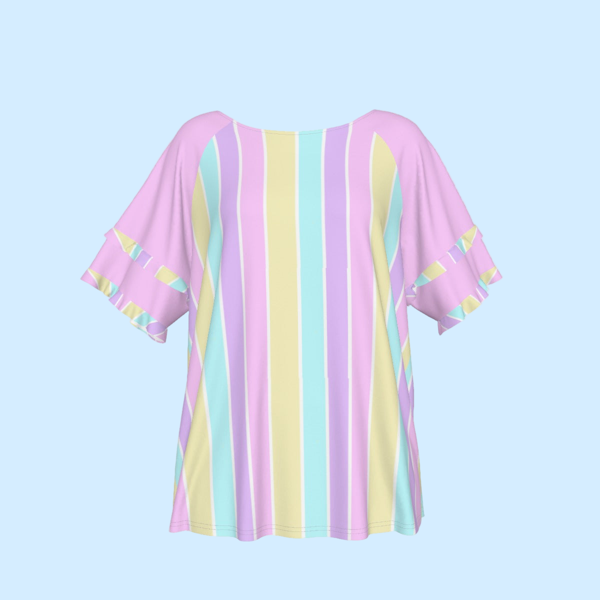 Pastel Stripes Pink Round Neck Raglan Sleeve Ruffle Frill T-Shirt