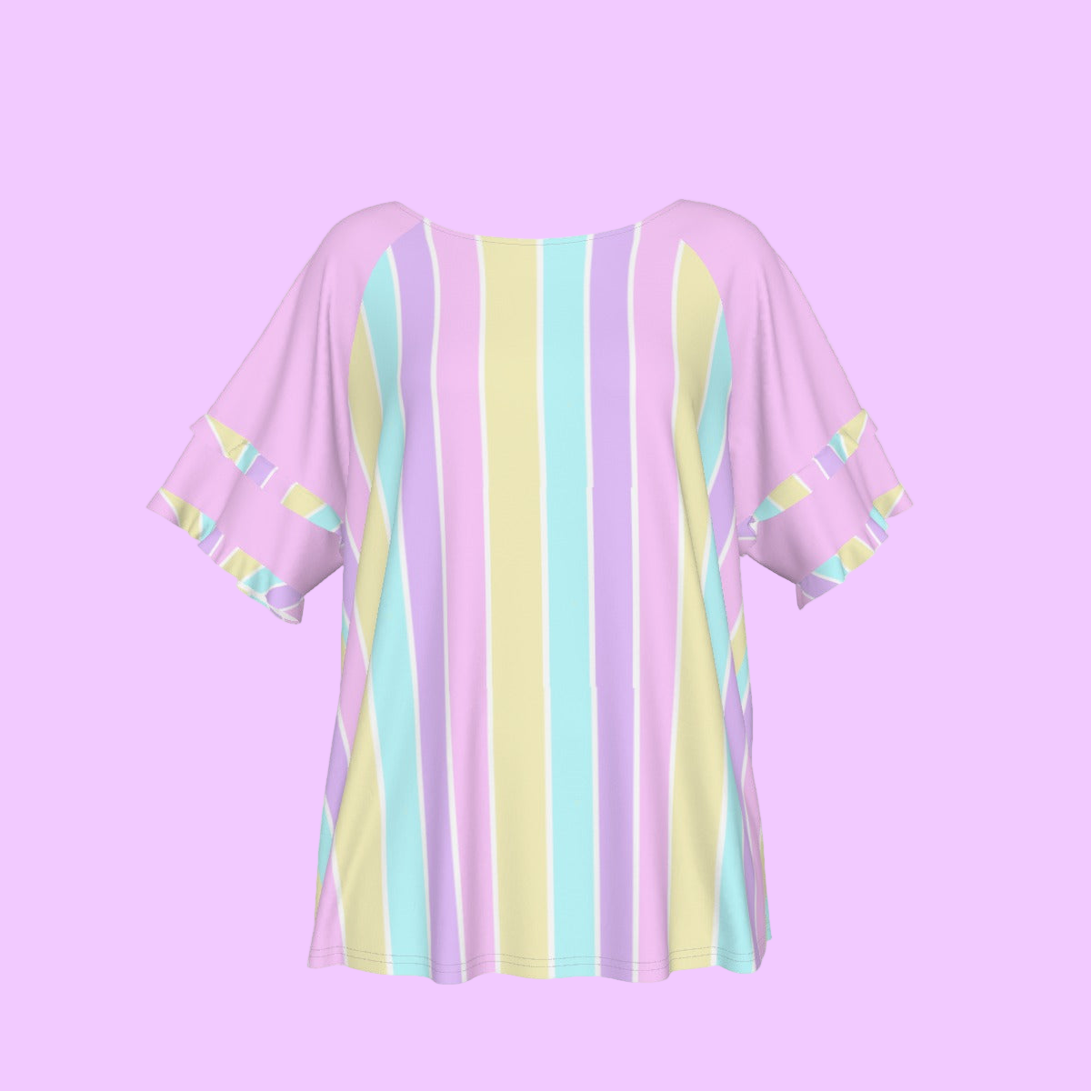 Pastel Stripes Pink Round Neck Raglan Sleeve Ruffle Frill T-Shirt