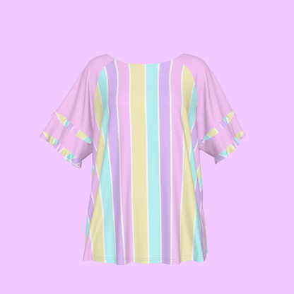 Pastel Stripes Pink Round Neck Raglan Sleeve Ruffle Frill T-Shirt
