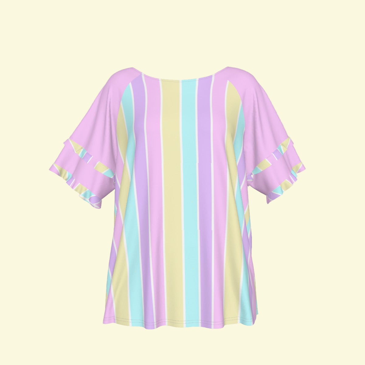Pastel Stripes Pink Round Neck Raglan Sleeve Ruffle Frill T-Shirt