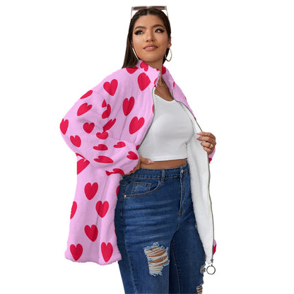 Sweet Love Hearts Oversized Fuzzy Fleece Coat With Zipper (Red x Pink)