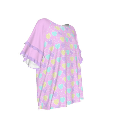 Sweet Love Hearts Pink Round Neck Raglan Sleeve Ruffle Frill T-Shirt